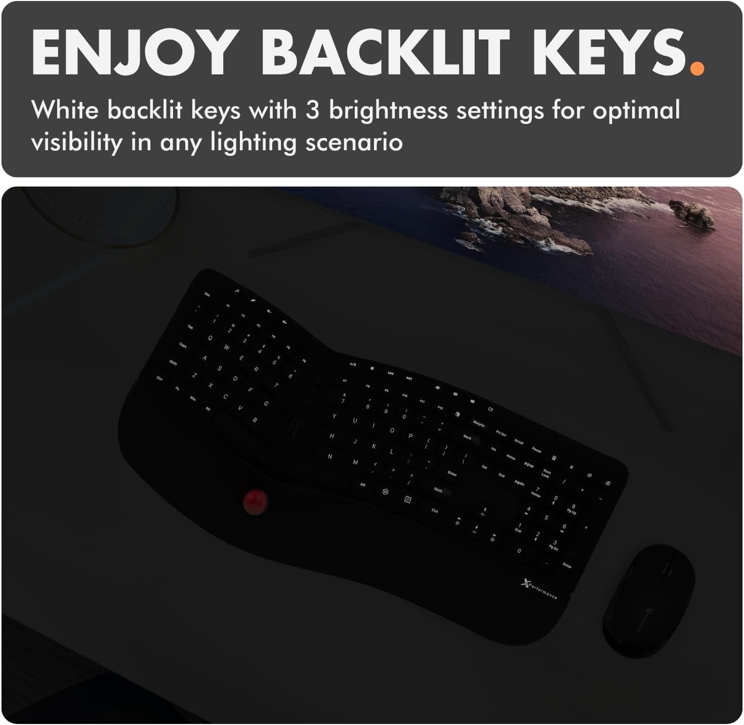 X9 Performance Ergonomic Wireless Keyboard with Trackball - Rechargeable, Backlit, Built in Mouse Buttons - 2.4G Split Keyboard Wireless for Windows PC and Chrome - All in One Typing Solution