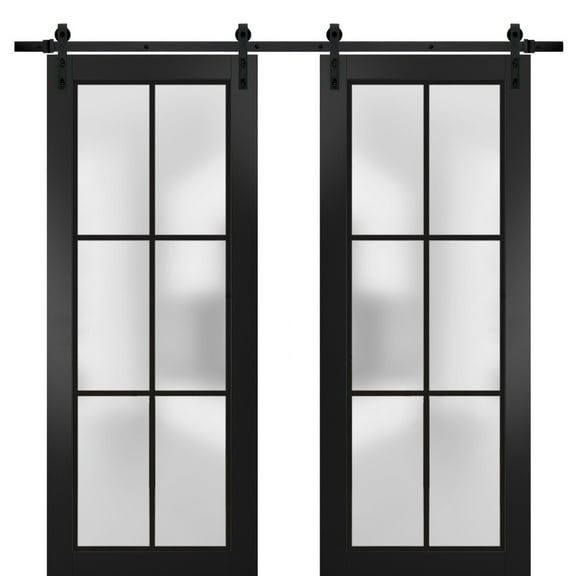 Sturdy Double Barn Door 36 x 80 inches | Planum 2122 Matte Black Frosted Glass | 13FT Rail Hangers Heavy Set | Solid Panel Interior Doors