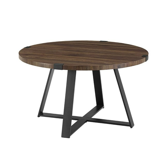 Walker Edison Table Basse Ronde en Métal avec Base Noire et Design Industriel Urbain Rustique, Noyer Foncé