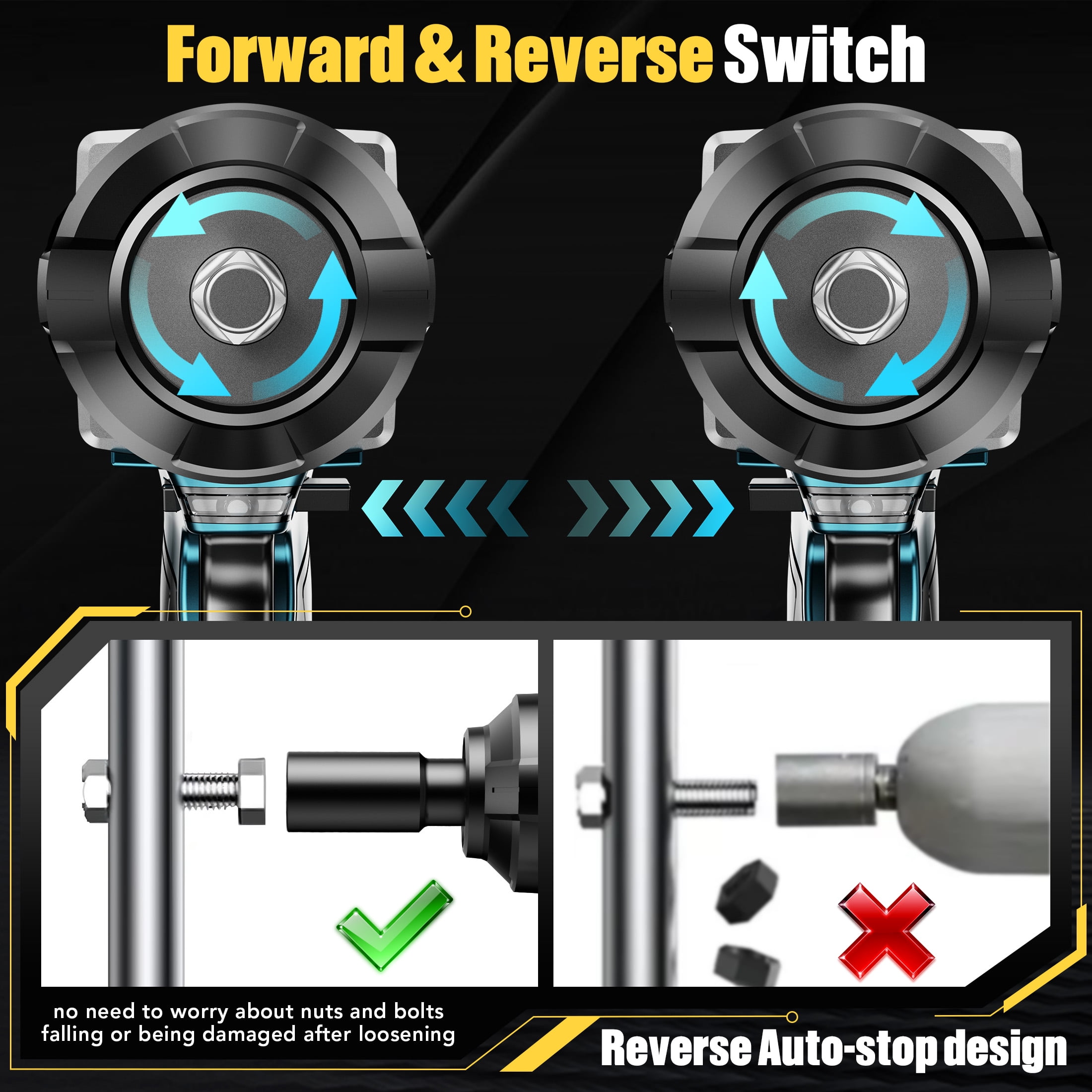 Gisam 1500N.m(1106 ft-lbs) Cordless Brushless Impact Wrench,1/2 inch Impact Gun with 2x4.0Ah Batteries & 6 Sockets Accessories ,Pistola De Impacto for Home Car Truck Tire