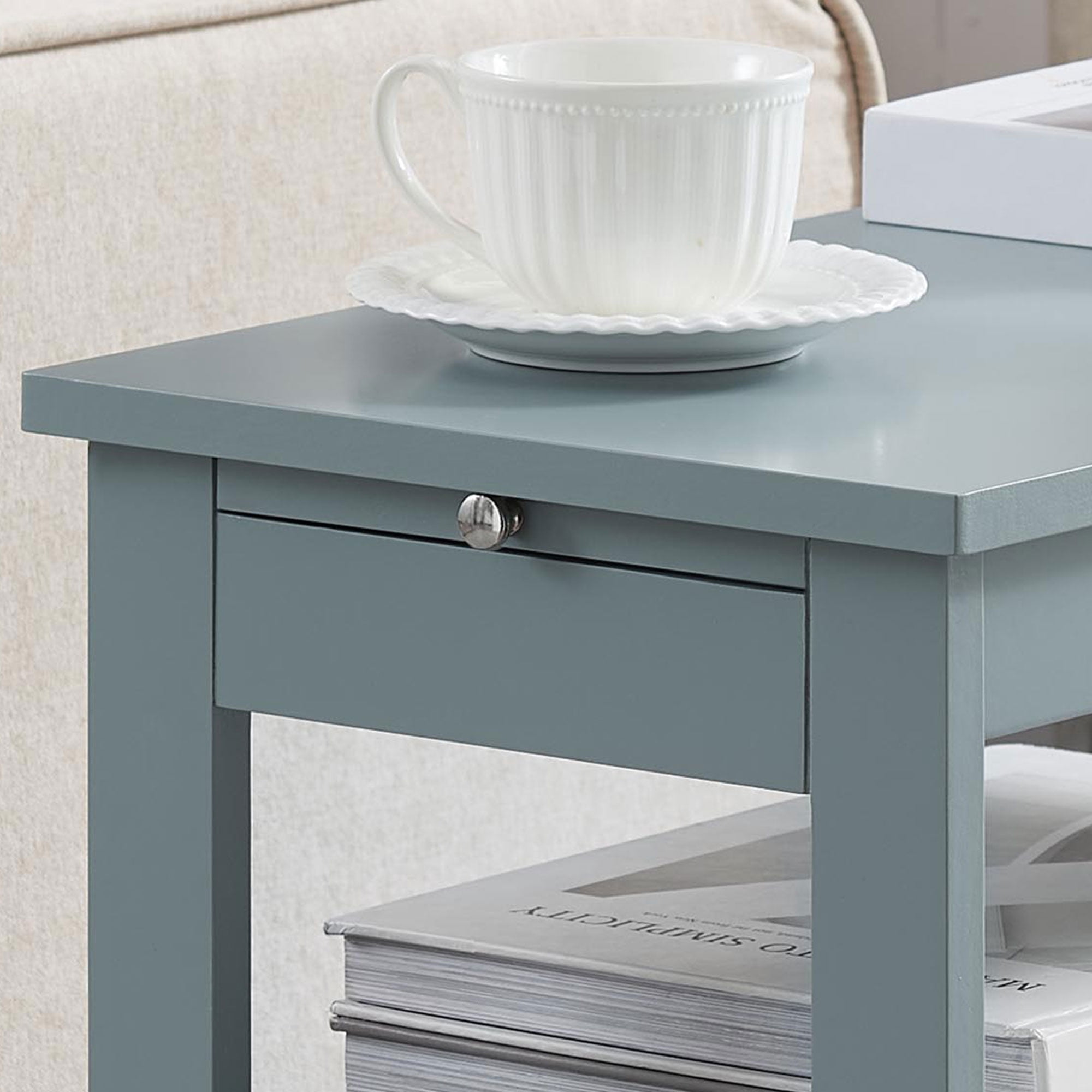 Kings Brand Furniture - Slim Wood Side End Table with Storage Shelves & Pull-Out Tray, Nightstand for Bedroom, Living Room, Ice Blue