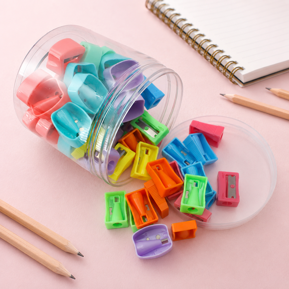 56 Pack Pencil Sharpeners with Storage Jar, Assorted Color Manual Handheld Sharpeners for Office, Home, Art, Drawing and General Stationery Supplies