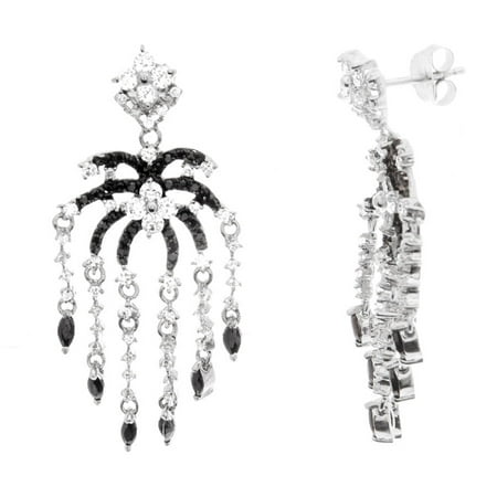 Lesa Michele Black and White Cubic Zirconia Two-Tone Sterling Silver Chandelier Post Earrings