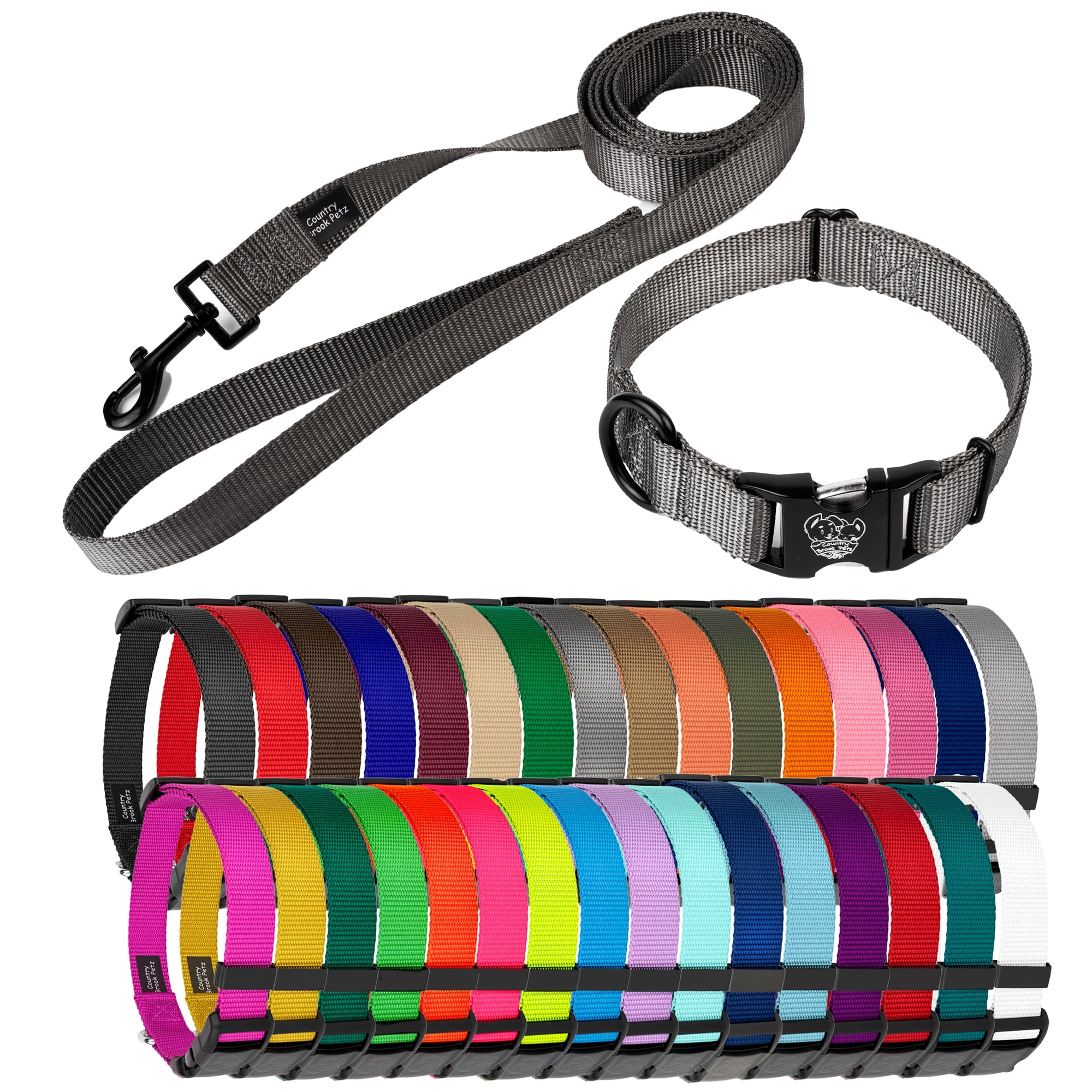 Country Brook Petz® Premium Nylon Dog Collar and Leash Set for Small Medium Large Dogs (Small 3/4 Inch Charcoal)