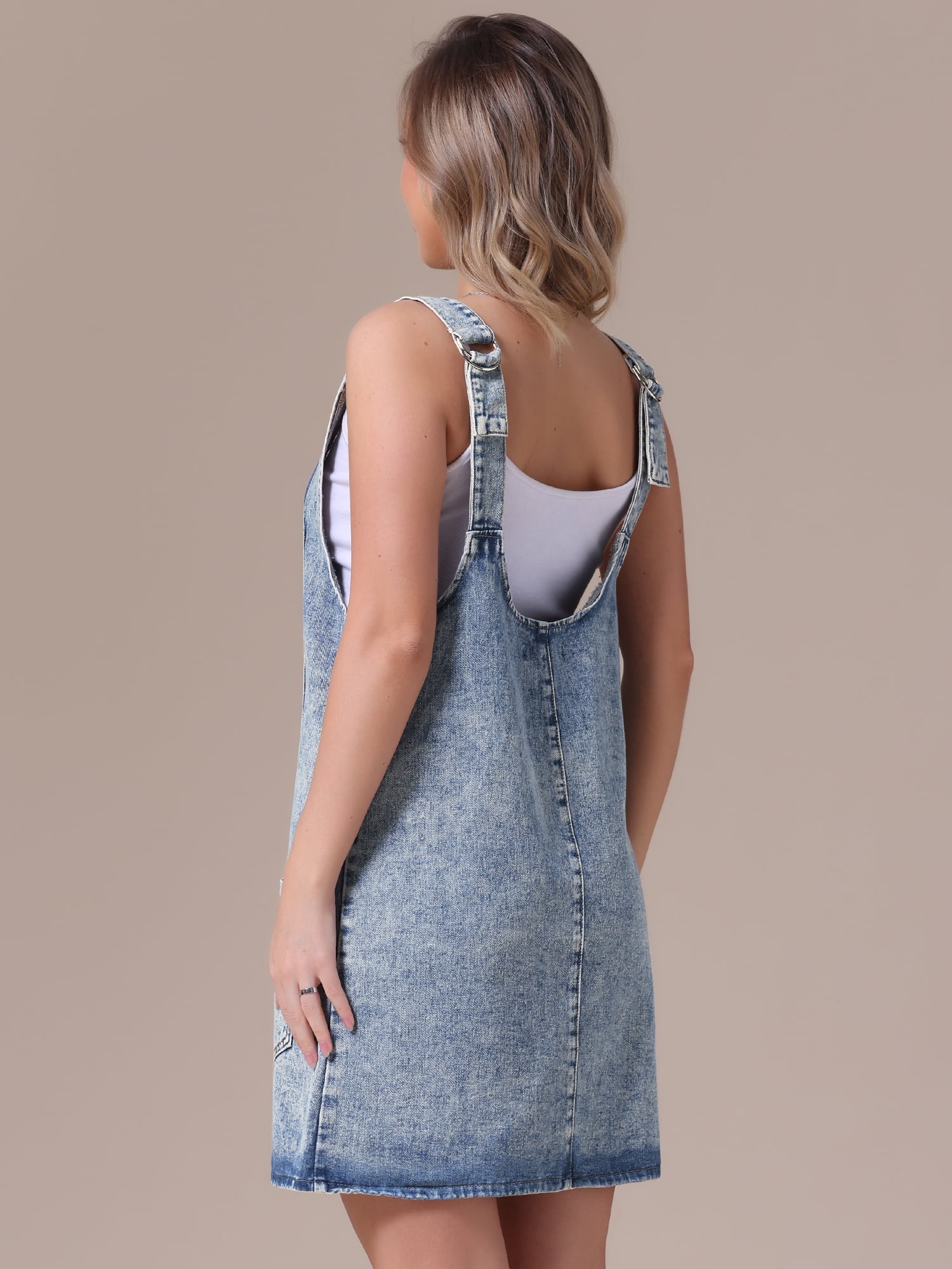 DARING DIVA Women's Loose Sleeveless Pinafore Mini Denim Dresses M Light Blue