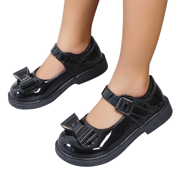 GiLiling Girls Mary Jane Dress Shoes, Round Toe Girls Flats with Bowknot Adjustable Buckle Strap Non-Slip Sole School Party Shoes (Black, 4 Years)