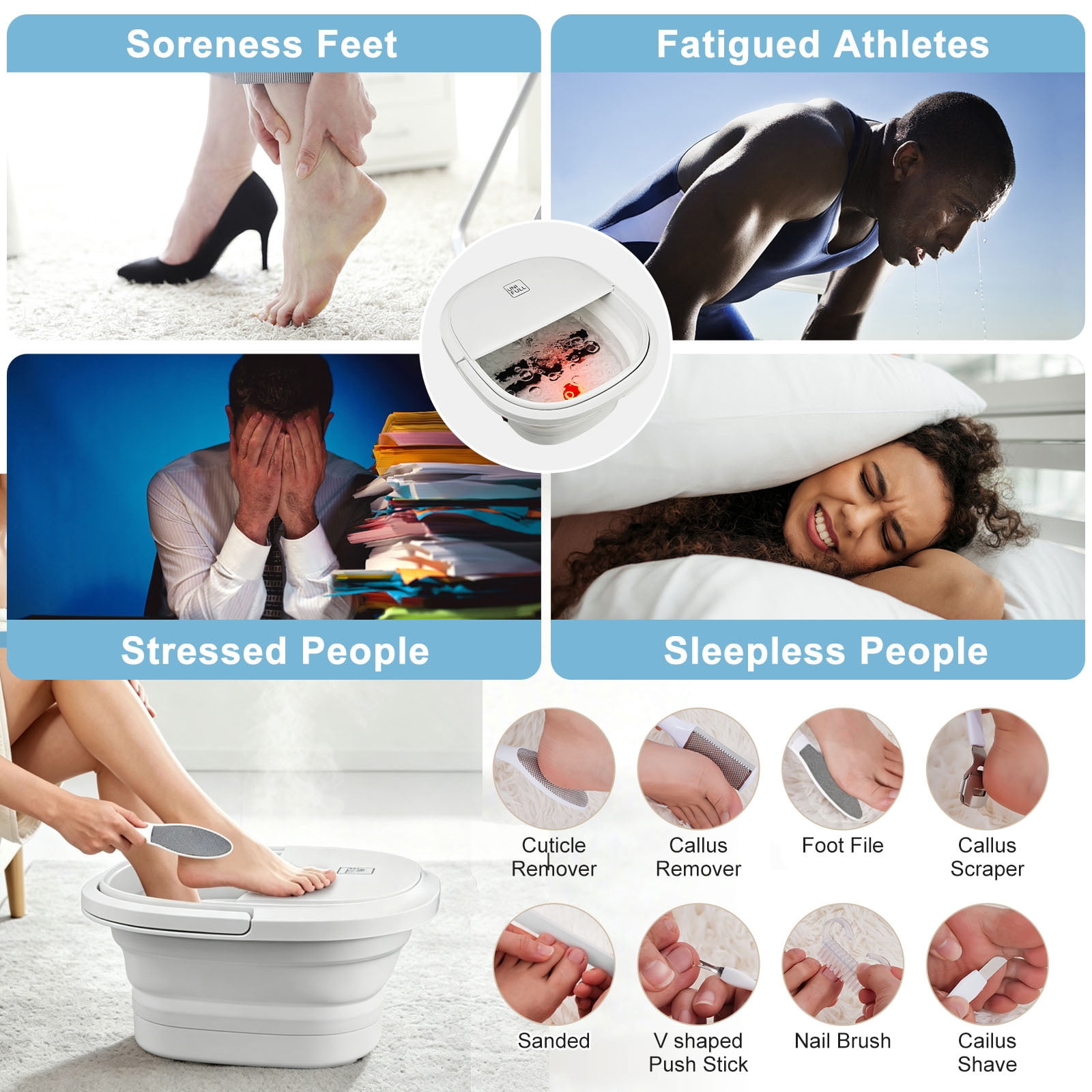 UNIFULL Foot Spa Bath with Heat and Temperature Control, Massager Roller, Bubble, Remote Control, Pedicure Kit, Red Light, Large Heating Foot Bath-White
