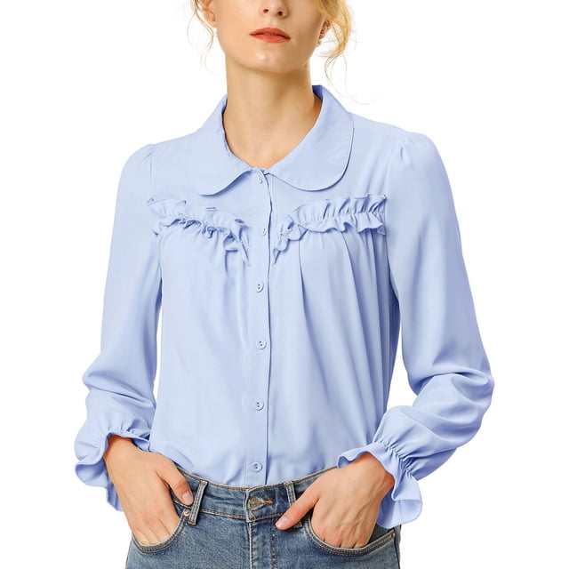 INSPIRE CHIC Women's Button Down Long Sleeve Cuff Ruffle Detail Blouse Shirt Tops