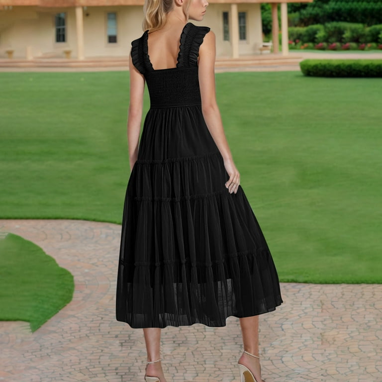 Blczomt Party Dresses for Women Under $10 Summer Formal A Line Tiered Square  Neck Mesh Black Dresses - Walmart.com