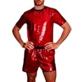 thumbnail image 4 of Men's Reversible Sequin Two Piece Short Sleeve Shirt Shorts Outfit Casual Parties Special Events With Sparkling Design Red L, 4 of 8