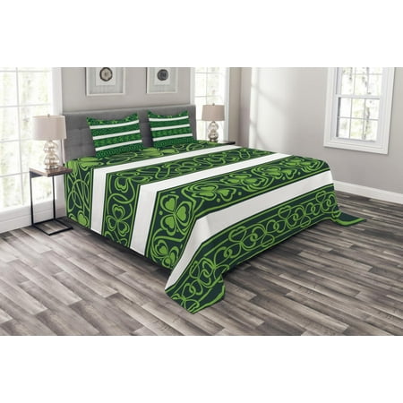 - Irish Bedspread Set, Shamrock Borders Gaelic Nature Botany Theme Artistic Trefoils with Swirls, Decorative Quilted Coverlet Set with Pillow Shams Included, Forest Green White, by Ambesonne