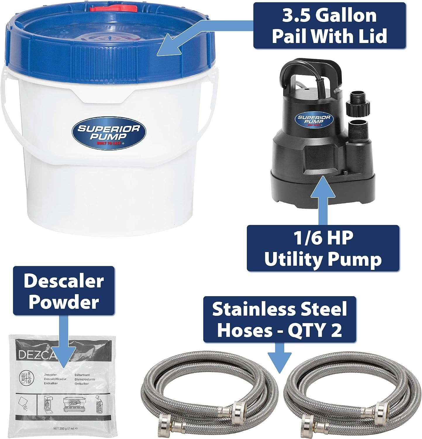 Superior Pump 91660 Tankless Water Heater Descaler Water Utility Sump Pump Kit, White