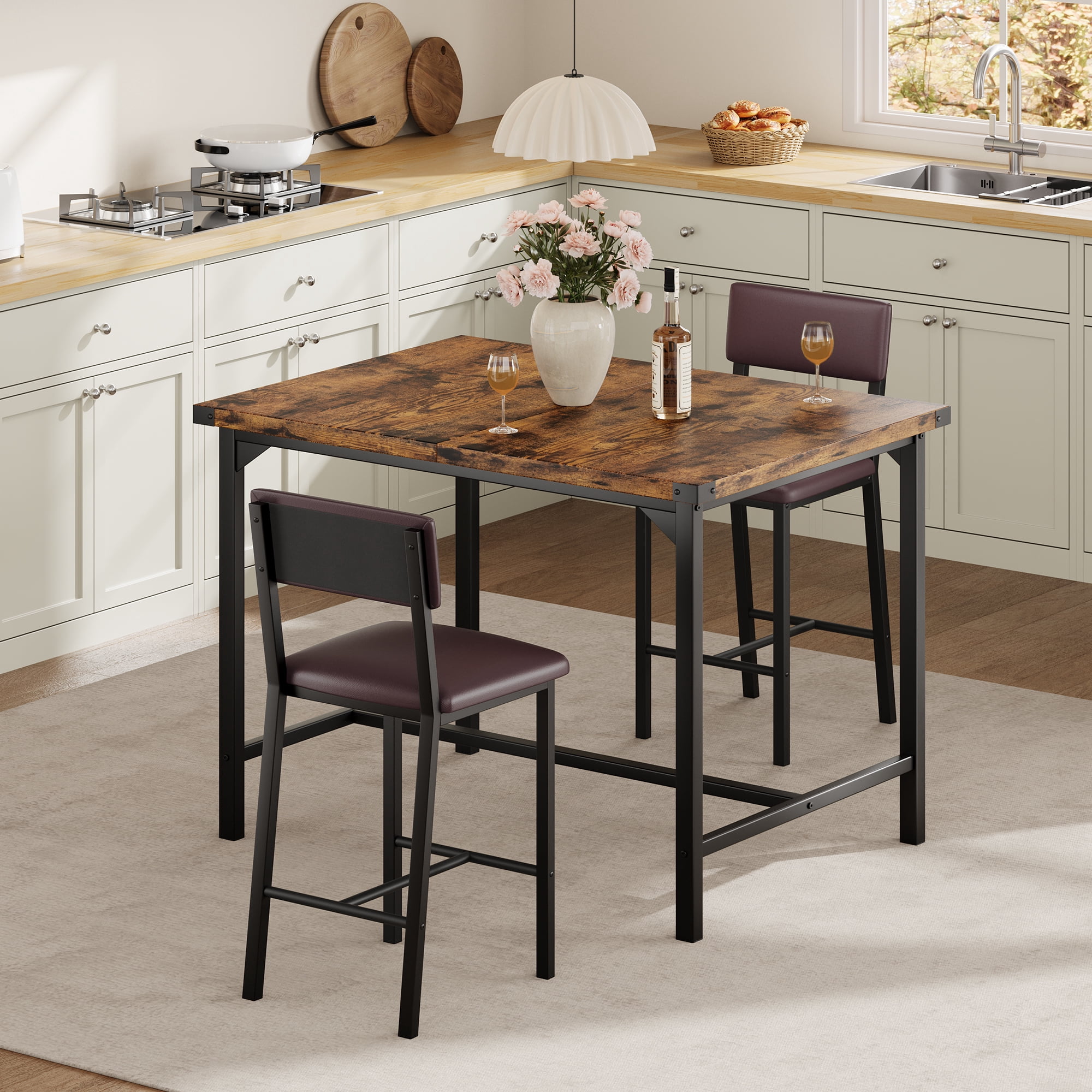 3-Piece Counter Height Dining Table Set for 2 – Includes Upholstered Bar Chairs with Backrest, Footrest, and Corner Protector – Perfect for Small Kitchens, Dining Rooms, Apartments