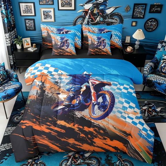 Castle Fairy Motocross Style Dirt Bike Twin Bedding Sets 7-Piece for Boys, Checkered Flag Art Bedding Comforter Set for Bedroom, Orange Blue,Black Reversible