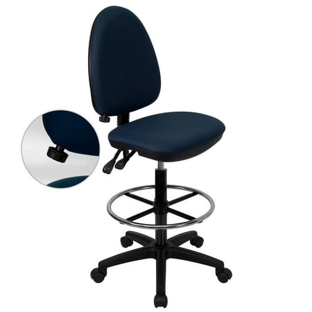Flash Furniture Mid-Back Navy Blue Fabric Multifunction Ergonomic Drafting Chair with Adjustable Lumbar Support