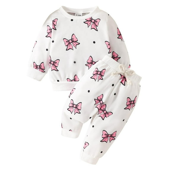 Odeerbi 0-3 Years Toddler Girls Cotton Outfits Bow Print Long Sleeve Sweatshirt Jogger Pants Two-piece Set Casual Loungewear Toddler Girls Clothes