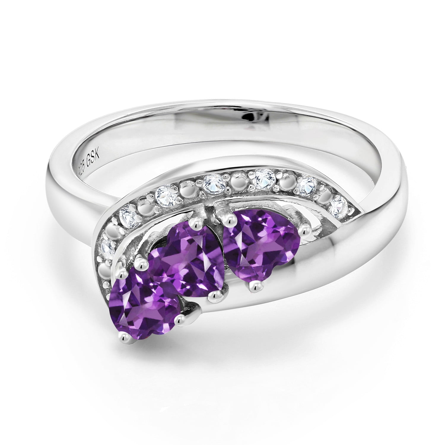 Gem Stone King 925 Sterling Silver Purple Amethyst and White Created Sapphire Engagement Ring for Women (0.74 Cttw, Gemstone February Birthstone, Heart Shape 4MM, Size 6)