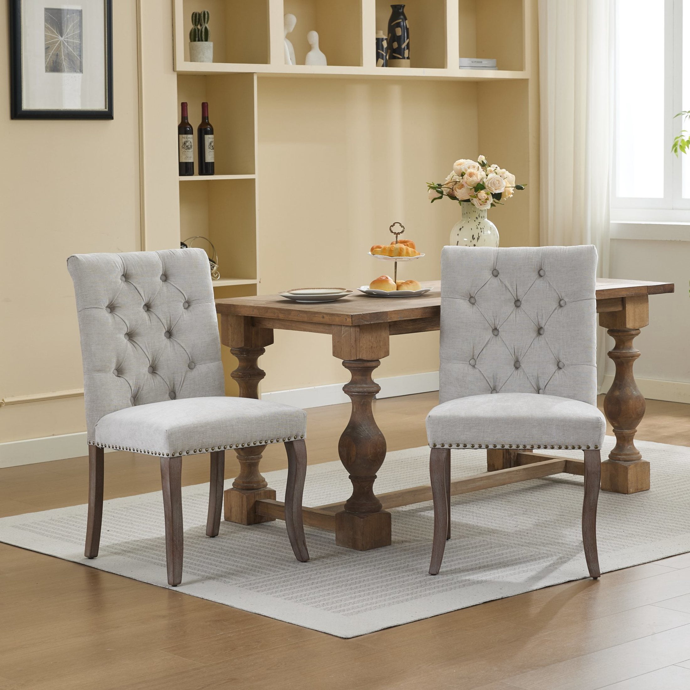 Noble House Set of 2 Tufted Chenille Upholstered Dining Chairs, Curved Solid Wood Legs, Beige