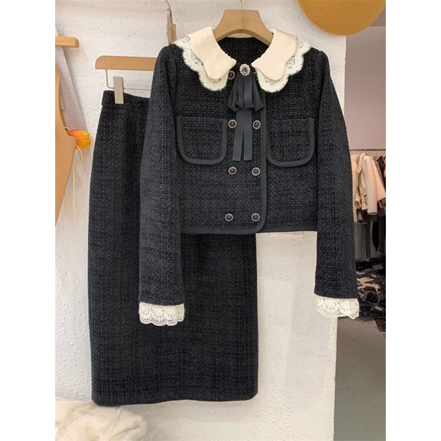 Vestido de falda de dos piezas para mujer, de doble botonadura Chaqueta corta, vestido de vaina para mujer, conjuntos formales elegantes, vestido de trabajo de 2 piezas