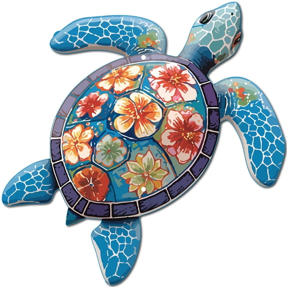 Sea Turtle Metal Wall Art Ocean Theme Wall Sculpture Iron Colorful Blue Beach Life Animal Hanging Ornament Sign for Front Porch Living Room Home