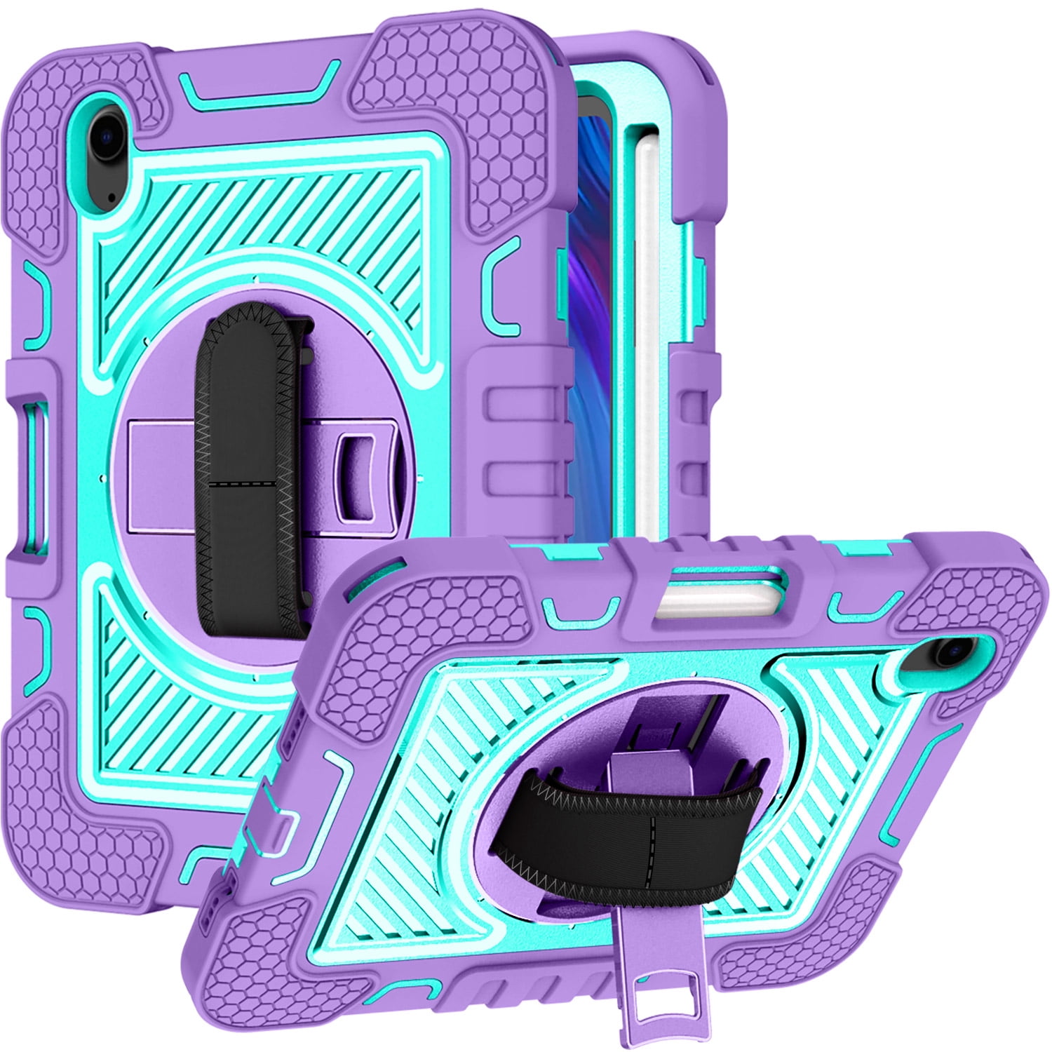 For Apple iPad (A16) 2025 /iPad 10th Gen 10.9 Hybrid 3in1 Multi-Functional Shockproof Tablet Case with Hand, Shoulder Strap, Pencil & Stand Holder Case Cover [Purple Teal]