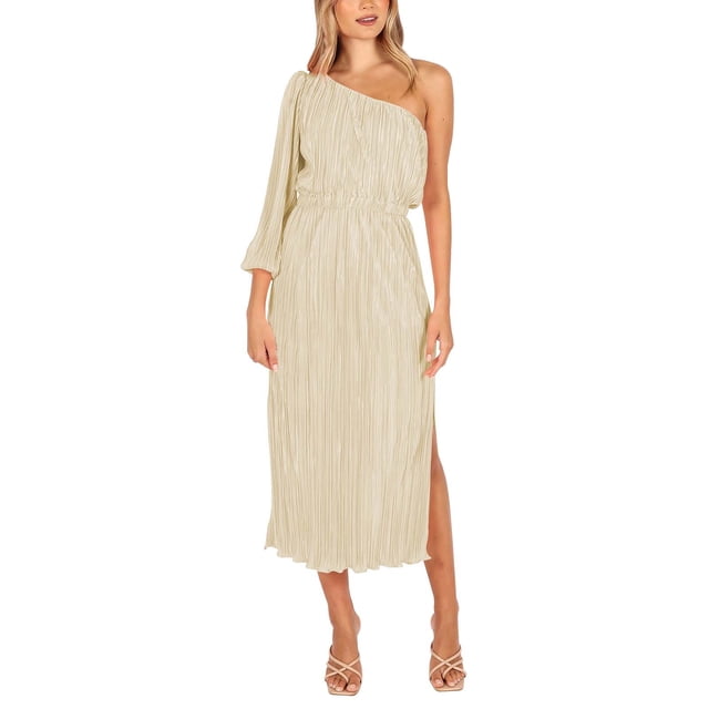 TSADFHJI Jupes en Jean pour Femmes Mini Robe de Soirée Aguichant à une Épaule Fendue L Beige