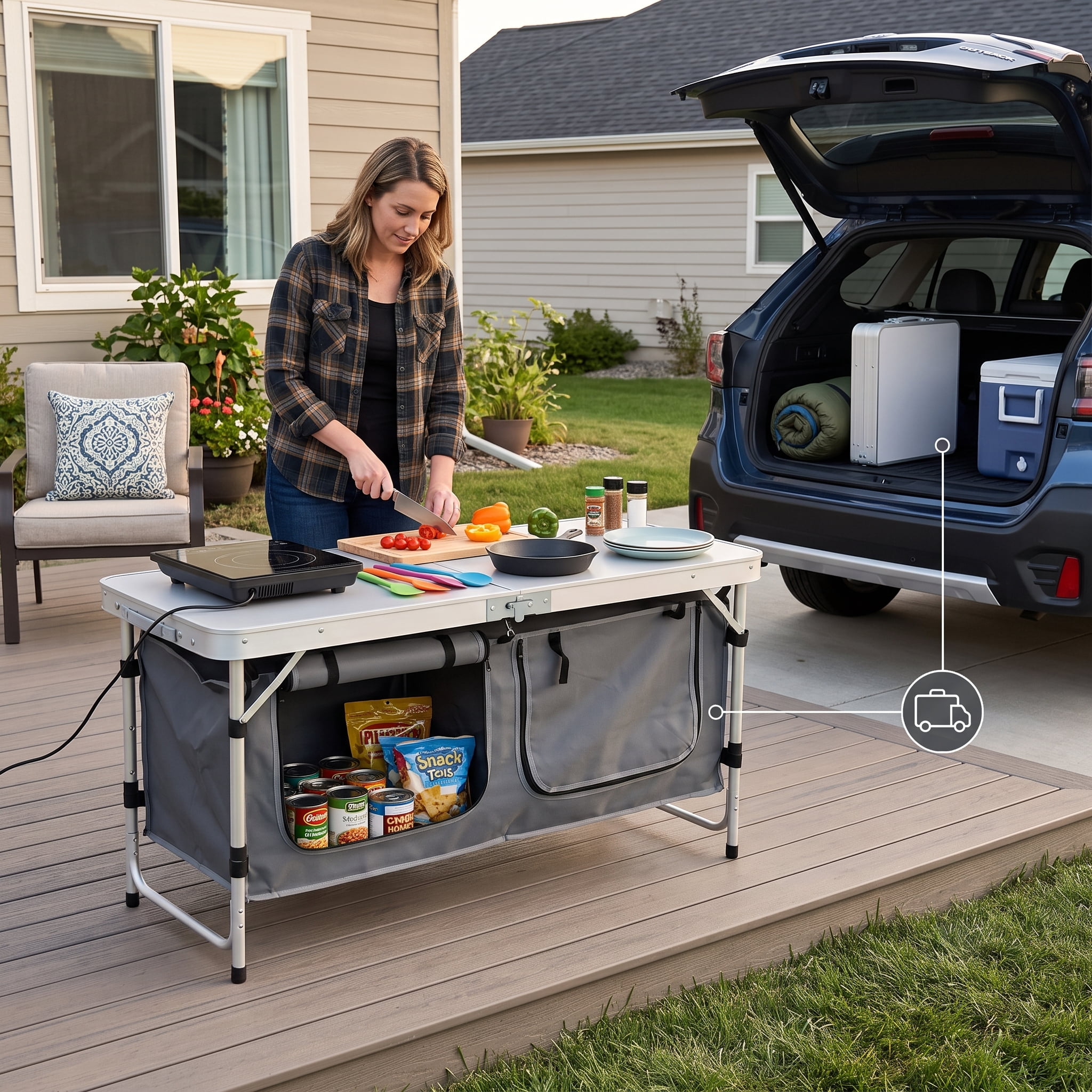 Foldable Camping Fishing Table, 3 Adjustable Heights Aluminum Frame Outdoor Table with Zippered 600D Oxford Storage Bag, MDF Tabletop, 55LBS Capacity for Picnic BBQ Backyard