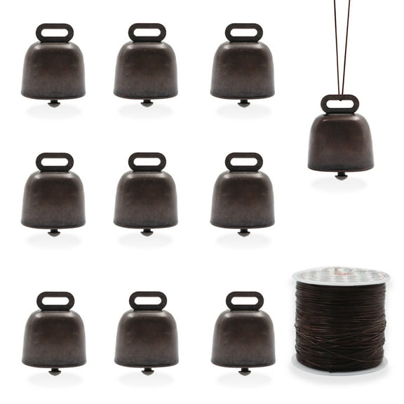 10 Pcs Vintage Ornament Bells with 66 Yards Elastic String, Small Brass Bells, Loud Cow Horse Sheep Grazing Copper Bells, Bronze Bells Metal Bells
