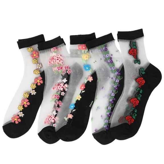 IWRICH 5 Pairs Sheer Mesh Transparent Socks for Women Thin Lace Fishnet Ankle Novelty Casual Crew Socks B