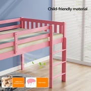 JOYMOR Low Loft Bed Twin Size with Stairs, Pind Wood Loft Bed for Girl, Space-Saving Design, Pink