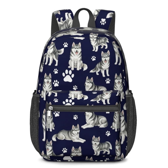 Siberian Husky and Dog Paw Print 17" School Backpacks for Teens,Waterproof Oxford Fabric,S-Shape Padded Straps for School,Travel,Hiking,Camping