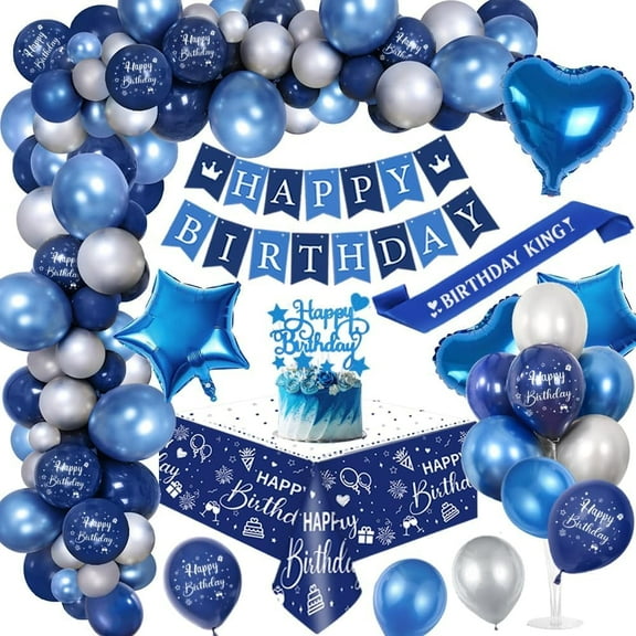 YANSION Birthday Party Decorations Men,Royal Blue Balloon Arch Kit with Happy Birthday Banner,Cake Topper,Tablecloth,Foil Confetti Balloon,Birthday Sash,Chrome Blue Silver Birthday Party Decor