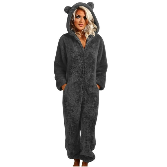 SZJXBUY Cute Fall Pajamas Women Lounge Zip Sherpa Onesies Pajama with Hooded Ears Plus Size Fleece Slouchy Sleepwear Jumpsuits Dark Gray,XXL