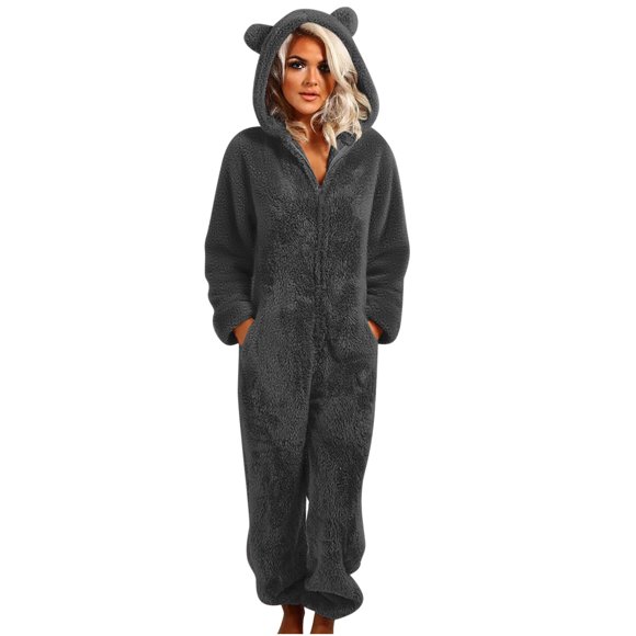 Pxkloy Womens Fleece Hoodie Onesie Zip Front Hooded Plush Pajamas Cozy One Piece Loungewear for Sleeping Dark Gray,M
