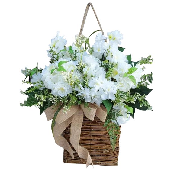 Sunisery Hanging Rattan Flower Basket Wreath Artificial Flower Garland Ornament for Wall Front Door Party Decoration