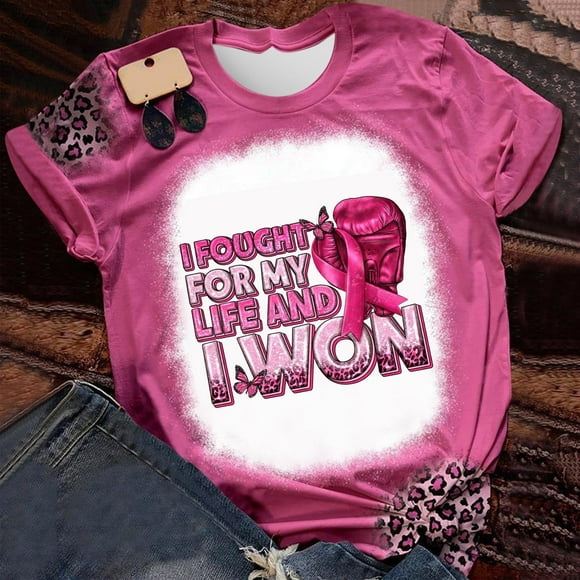 Fartey Plus Size Breast Cancer Shirts for Women Pink Ribbon Breast Cancer Awareness T-Shirts Cancer Survivor Short Sleeve Tee Tops