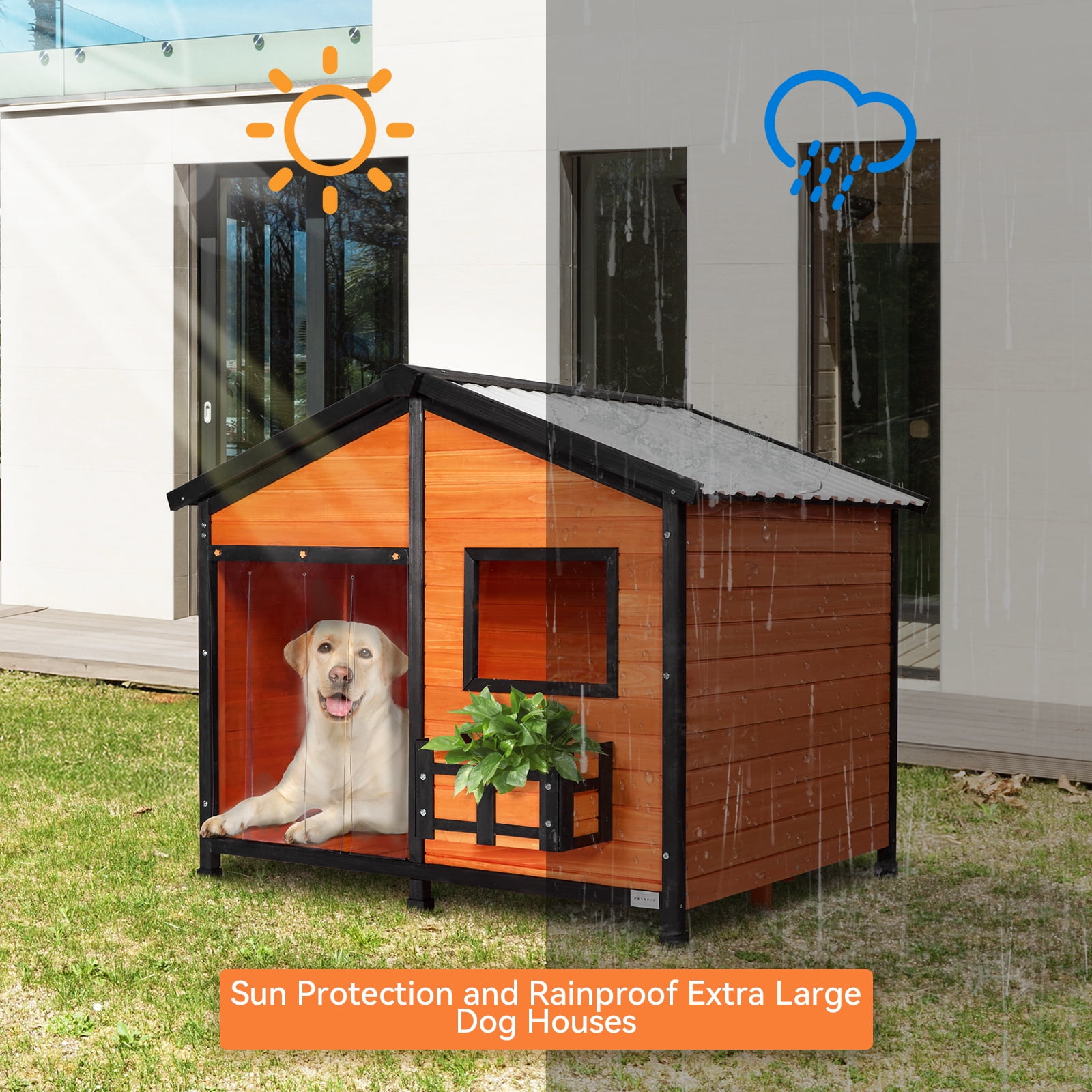 Petsfit Outdoor Dog House with Waterproof PVC Roof Removable Floor, Extra Large Wooden Dog House for 2 Medium Dogs, XXL Dog Houses with Window, Orange 47"