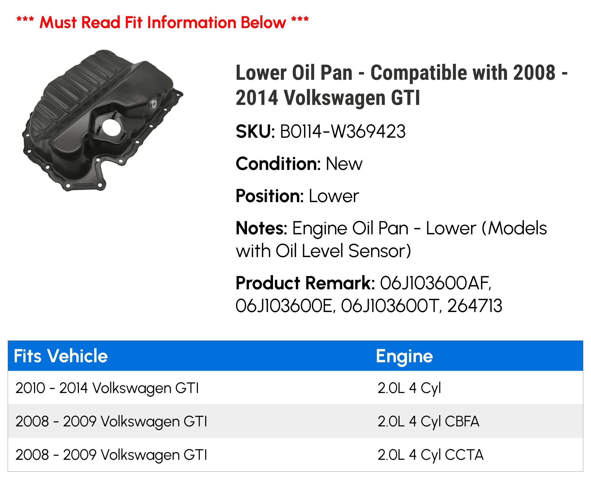 Lower Oil Pan - Compatible with 2008 - 2014 Volkswagen GTI - Replacement