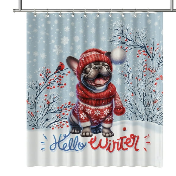Hello Winter French Bulldog Smiling in Red Scarf Hat Welcome Christmas Shower Curtain Dog Lover Gifts Waterproof Bathroom Bathtub Curtain - 00017