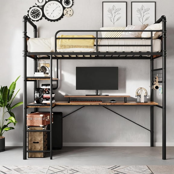 Wood Loft Bed with L-Shaped Desk, Space-Saving Design for Bedroom,Twin,Black