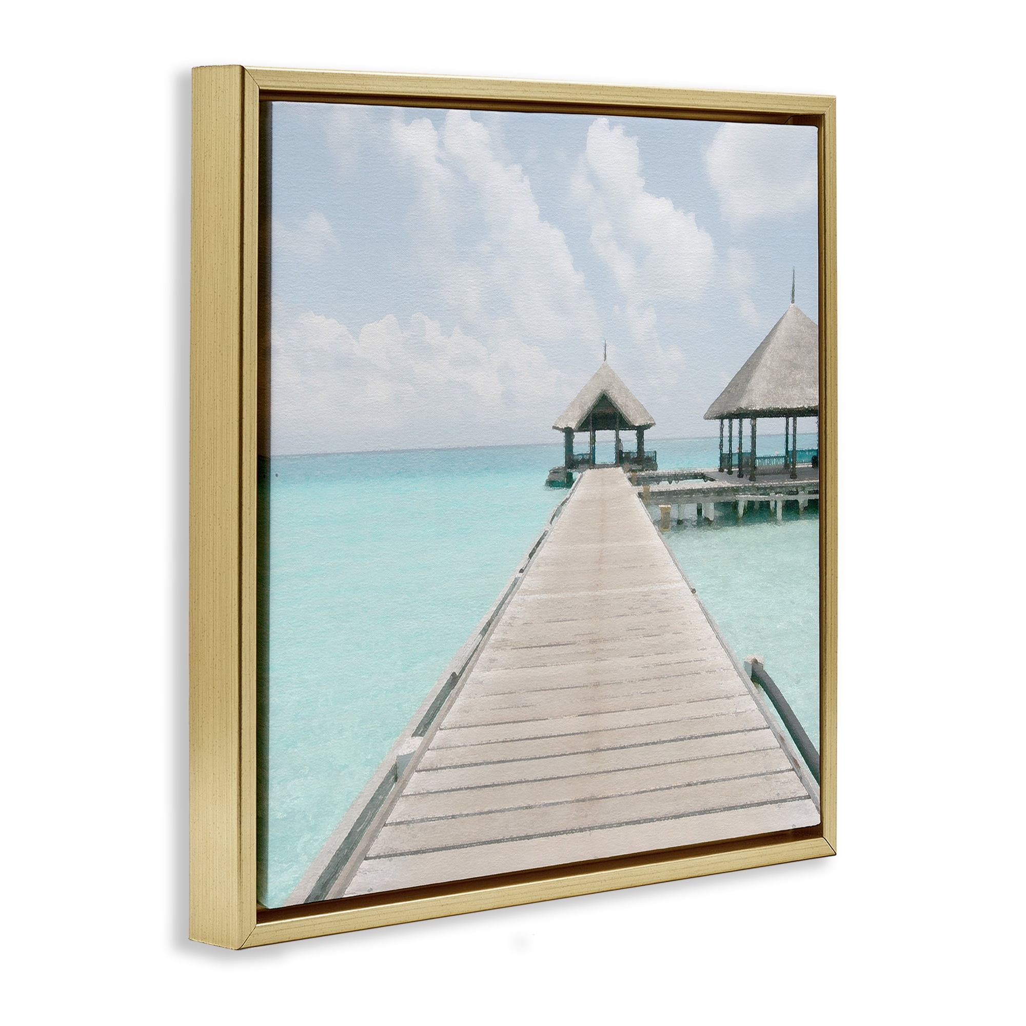 Stupell Industries Tropical Long Pier Coastal Photography Gold Floater Framed Canvas Art Print Wall Art, 18 x 18