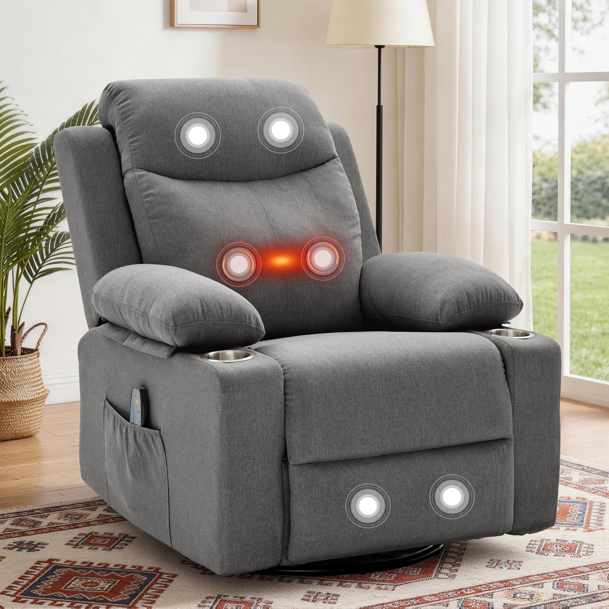 GEEYOO 360°Swivel Rocker Recliner Chair with Massage and Heat,Manual Recliners with Side Pockets & Cup Holders Nursery Glider Recliner for Living Room,Linen,Light Grey