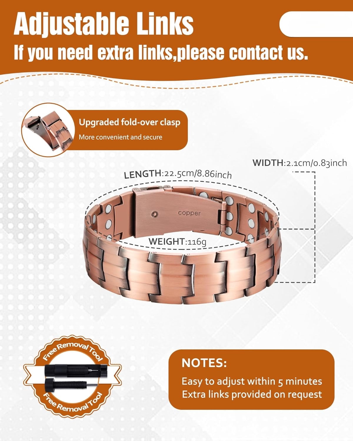 Wollet 3X Copper Magnetic Bracelet for Men – Pure Copper Jewelry with Neodymium Magnets