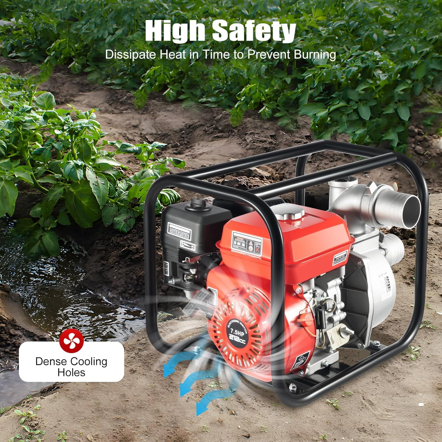 Miumaeov 3 Inch 7.5HP Trash Pump, 4 Stroke 212CC Gas Powered Water Pump, 1236.01Ft³/H Delivery Volume, 26.25Ft Suction Height with 7.5m Water Pipe for Garden Irrigation, Greenhouse Planting