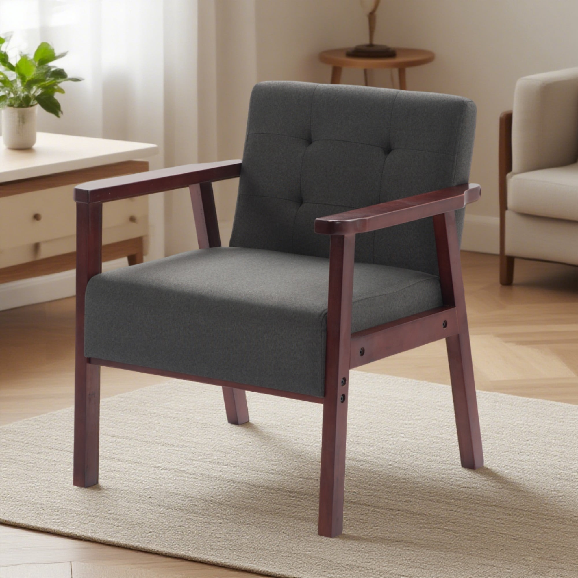 Gewnee Dark Gray Linen Wood Frame Accent Armchair, Sturdy Cedar Legs, High-Density Foam Seat, Non-Slip Pads, for Living Room Bedroom Office