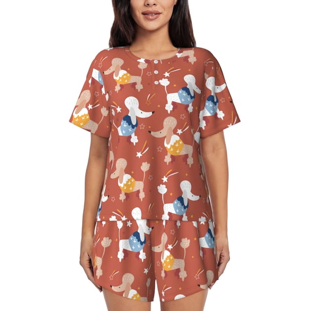 Balery Cute Poodle Dog Conjunto de Pijama para Mujer con Estampado, Dos Piezas de Manga Corta y Shorts, Ropa de Dormir Suave con Cuello Redondo y Bolsillos-Small