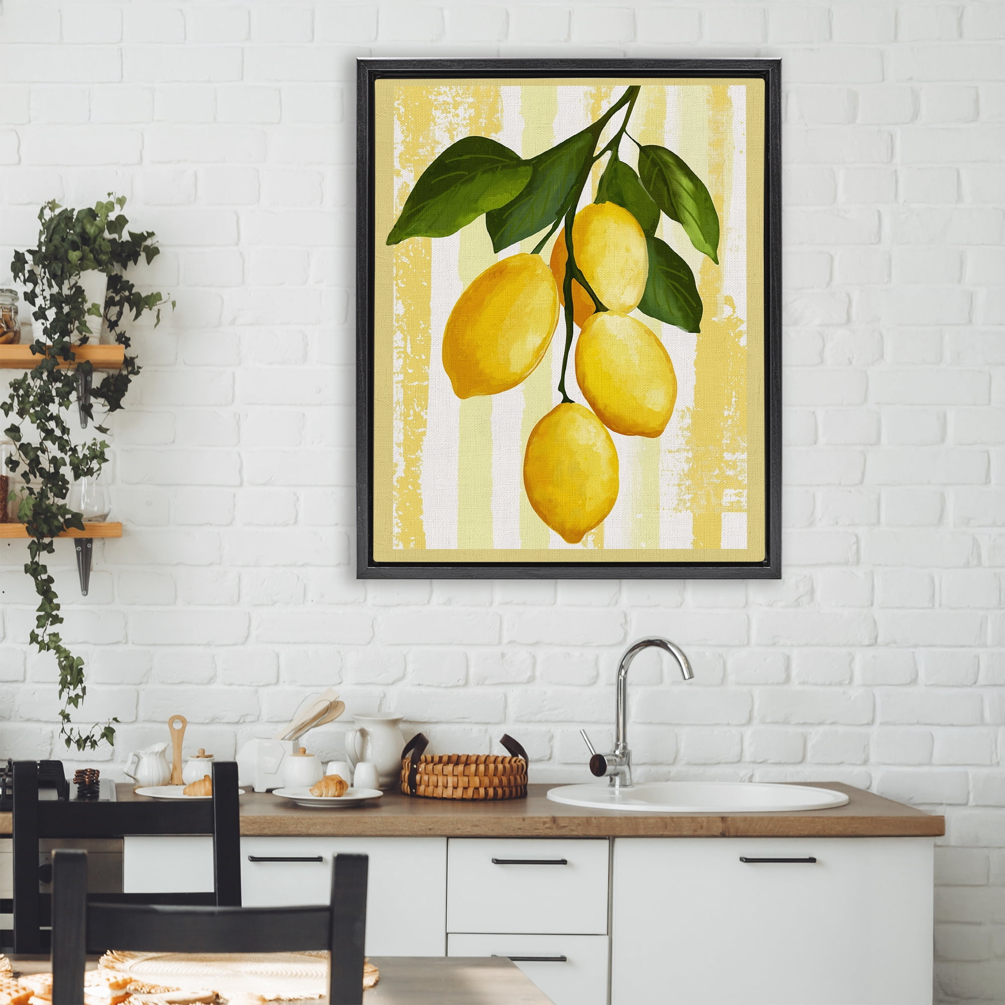 Stupell Industries Lemons on Green Branch Black Framed Floater Canvas Wall Art, design by Yen