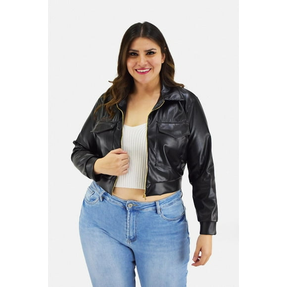 Chamarra corta de vinipiel Roman Fashion Talla Extra 18048 Negro
