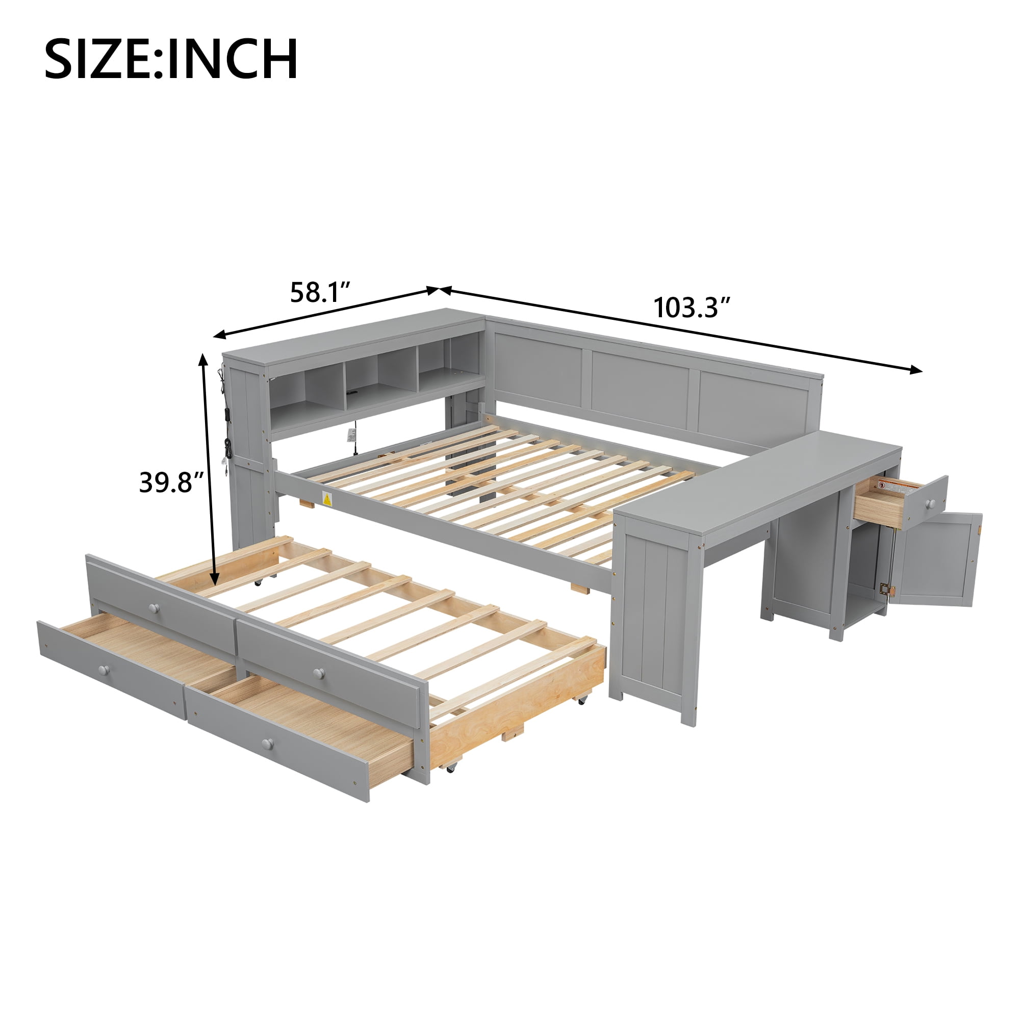 Sailvan Full Size Daybed with Storage Drawers, Trundle and Built-in Desk Gray