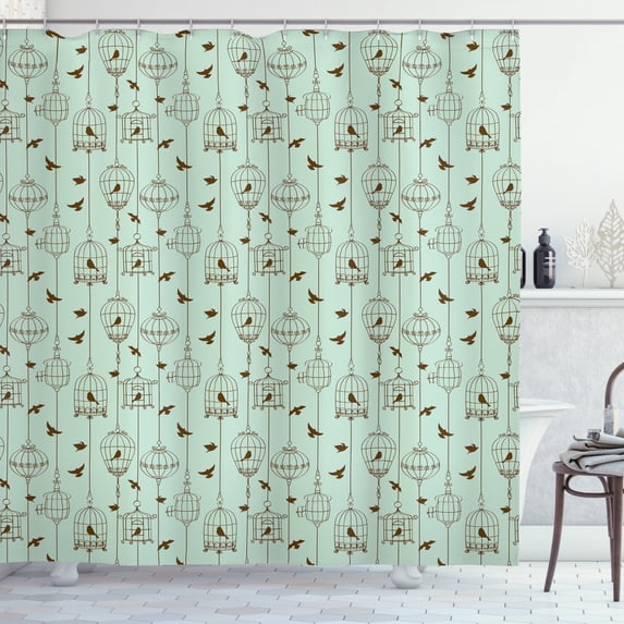 Ambesonne Vintage Shower Curtain, Birds and Cages Art, 69"Wx70"L, Mint Green and Brown